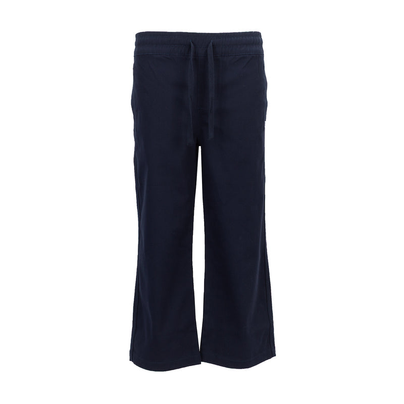 Navy youth twill lounge pants with elastic waistband, drawstring, and wide-leg fit