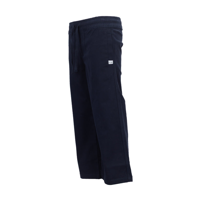 Navy youth twill lounge pants, side view with elastic waistband and small logo patch