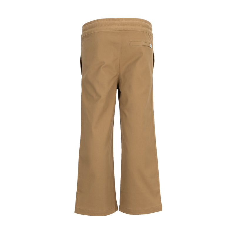 Khaki youth twill lounge pants, back view, stitched seams and flared cuffs