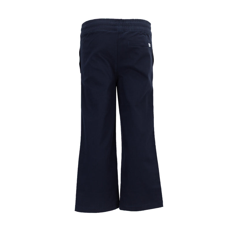 Navy youth twill lounge pants with elastic waist, relaxed wide-leg cut, and seam details