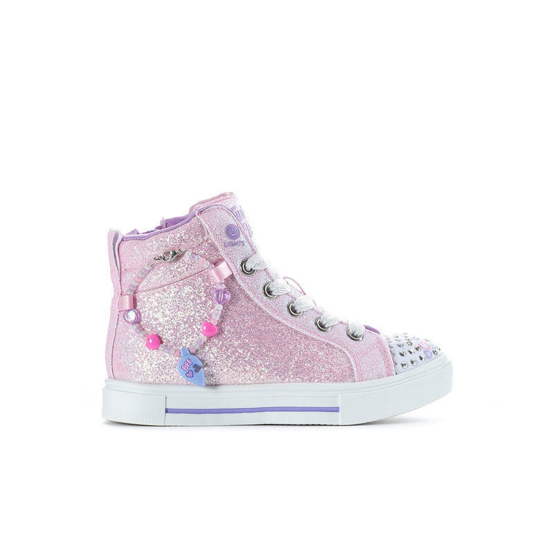 Kids pink glitter high-top sneakers with lace-up closure and charm details