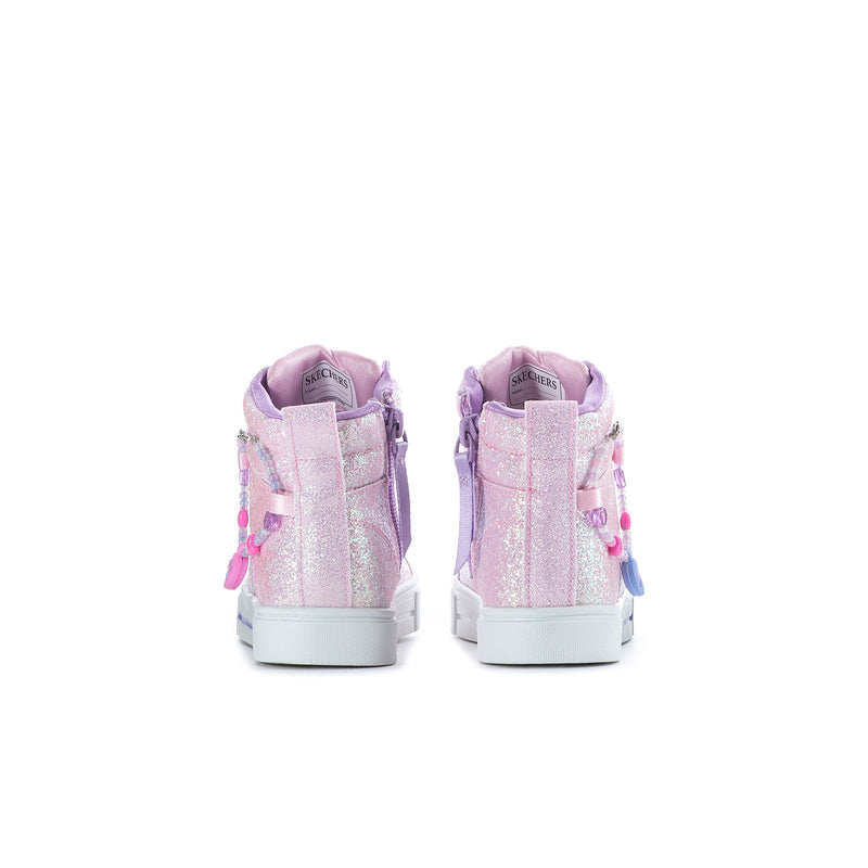 Kids pink glitter high-top sneakers with back heel tabs and charm tassel