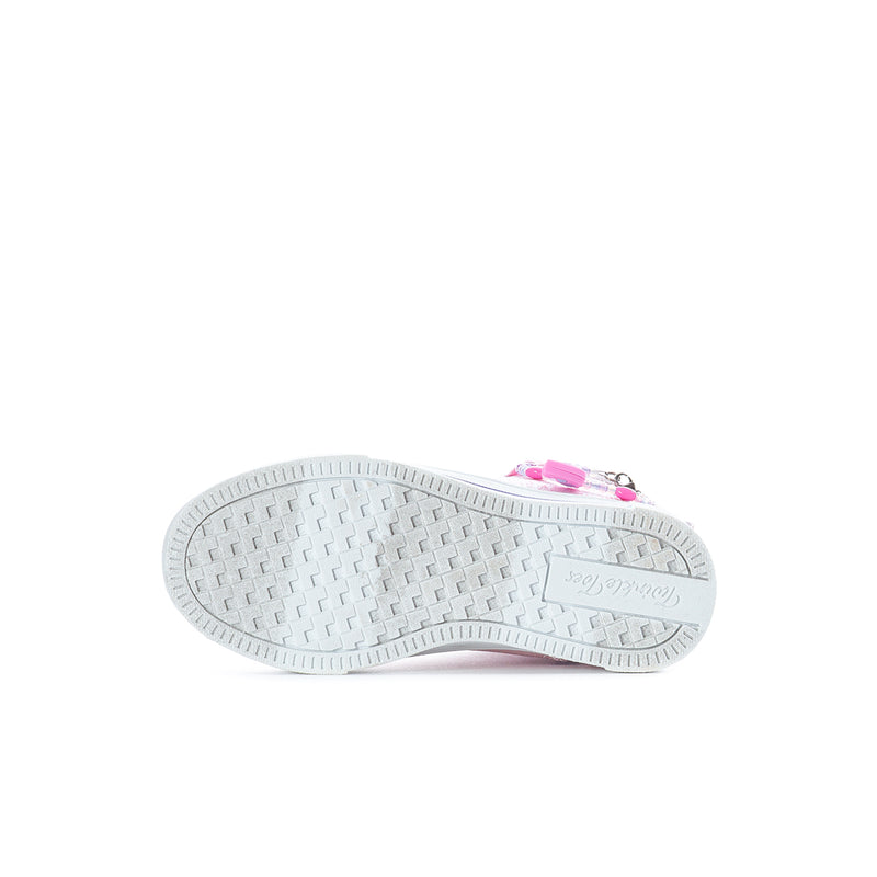 Kids pink glitter sneaker outsole with textured tread and pink accents