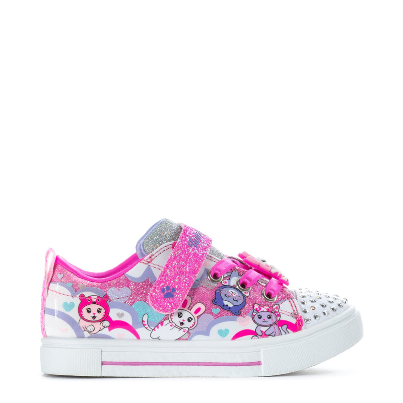 Toddler pink glitter sneakers with cat graphic; hook-and-loop straps, silver stud toe