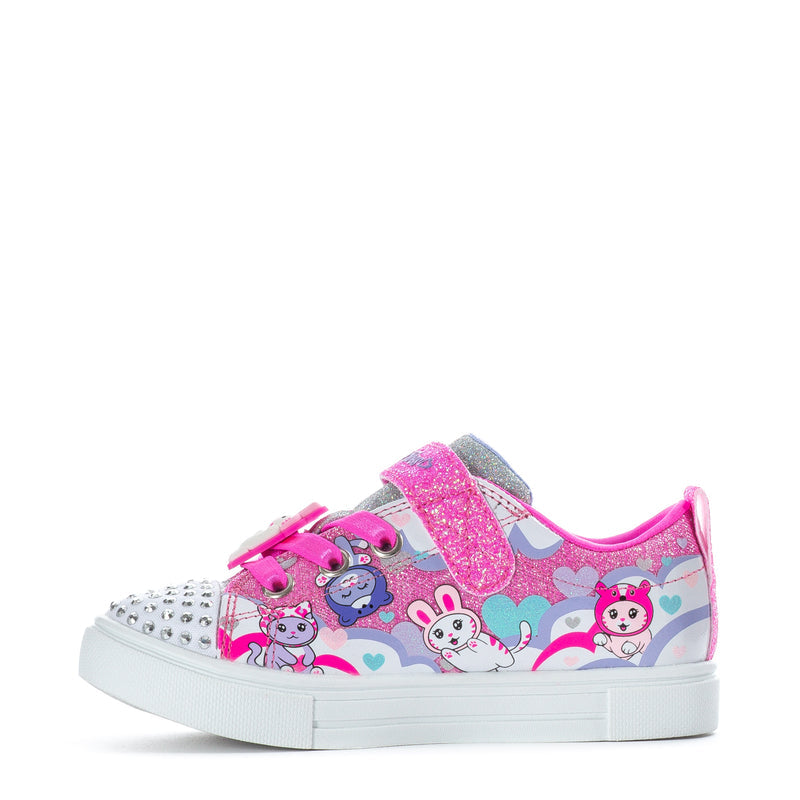 Toddler white canvas sneakers with pink glitter strap and colorful cat heart prints