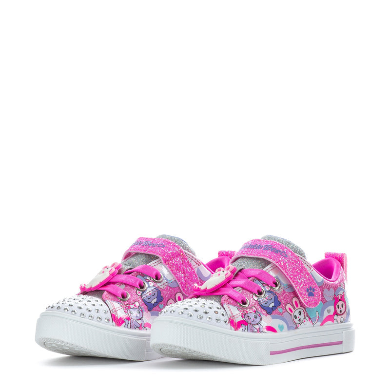 Toddler pink-and-white low-top sneakers with silver stud toe and double glitter straps