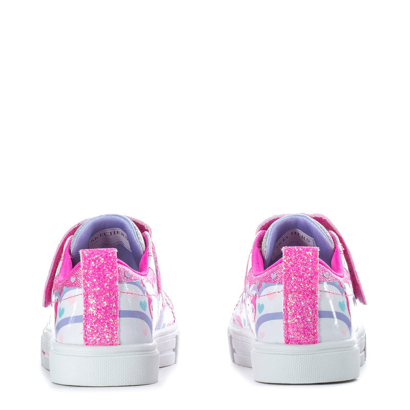 Toddler sneakers back view; pink glitter heel, cat-heart pattern, white rubber sole
