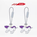 Two unicorn zipper pulls with purple hair on white background