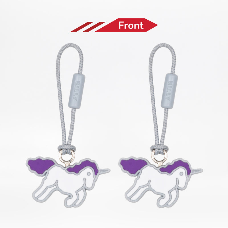 Two unicorn zipper pulls with purple hair on white background