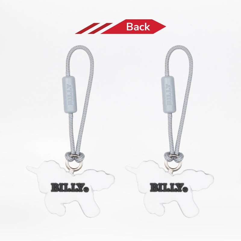 Two unicorn zipper pulls with 'BILLY' engraved on the back, attached to strings, on a white background.