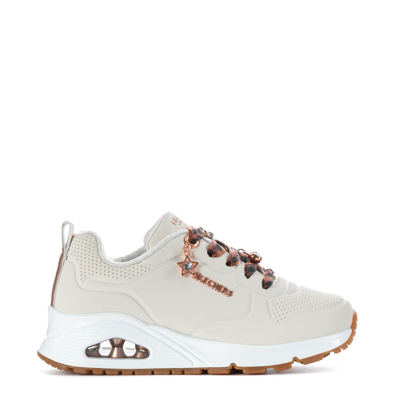 Kids white sneaker with leopard-print laces, rose-gold star logo, and tan sole