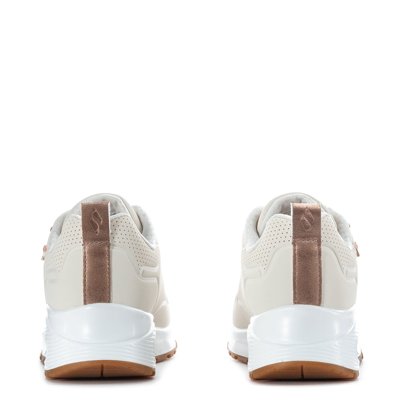 Kids white sneaker heel view with taupe back strap and tan sole