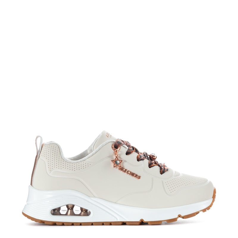 Youth white sneaker with leopard laces, rose-gold eyelets, chunky sole