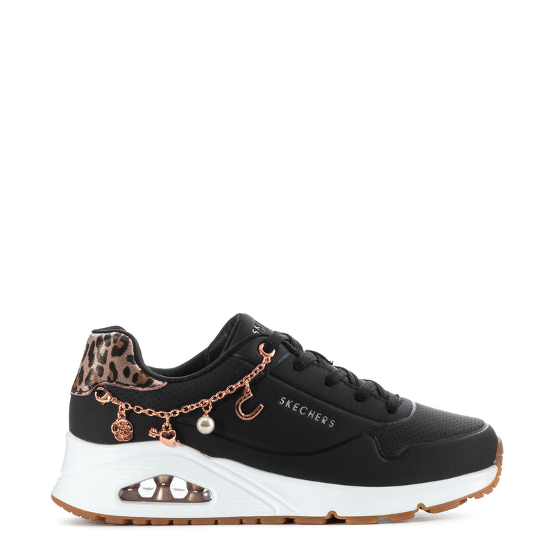 Black youth sneaker with rose-gold chain and leopard print heel collar