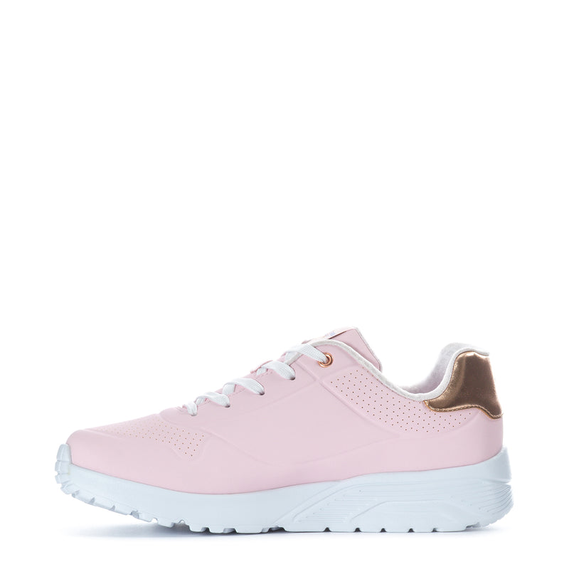 Pink youth sneaker, gold collar accent, white laces, and light blue tread sole