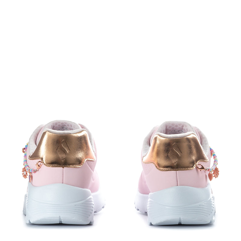 Pink youth sneaker back view with gold heel tab and white outsole
