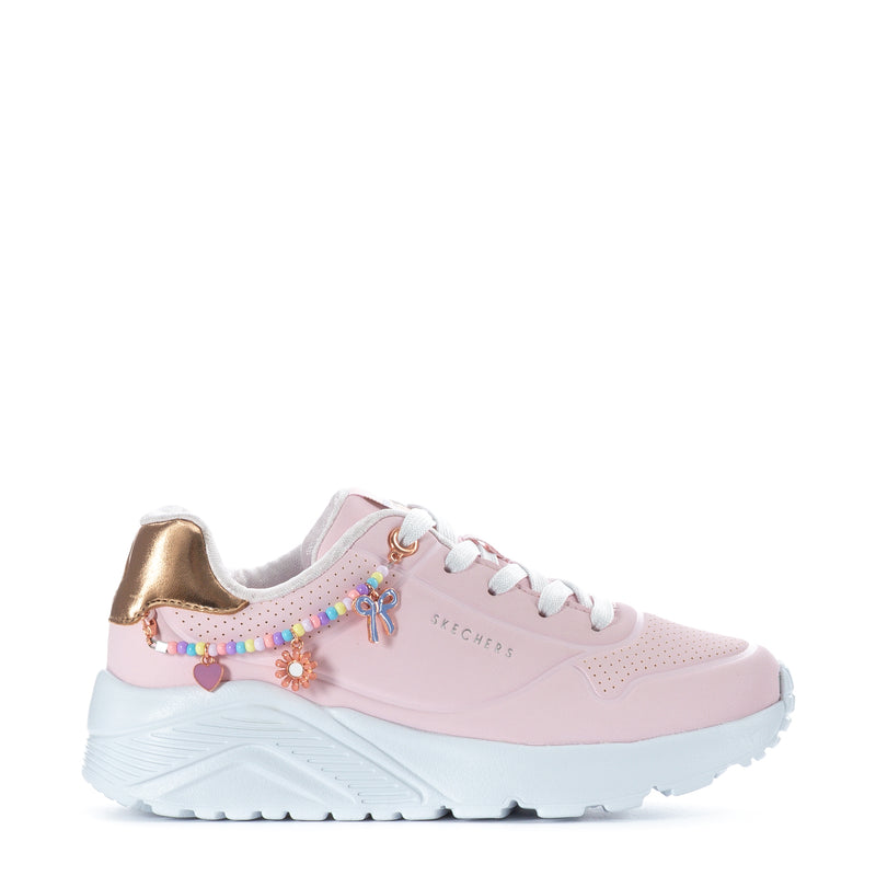 Kids pink sneaker with gold heel detail, rainbow charm lace accents