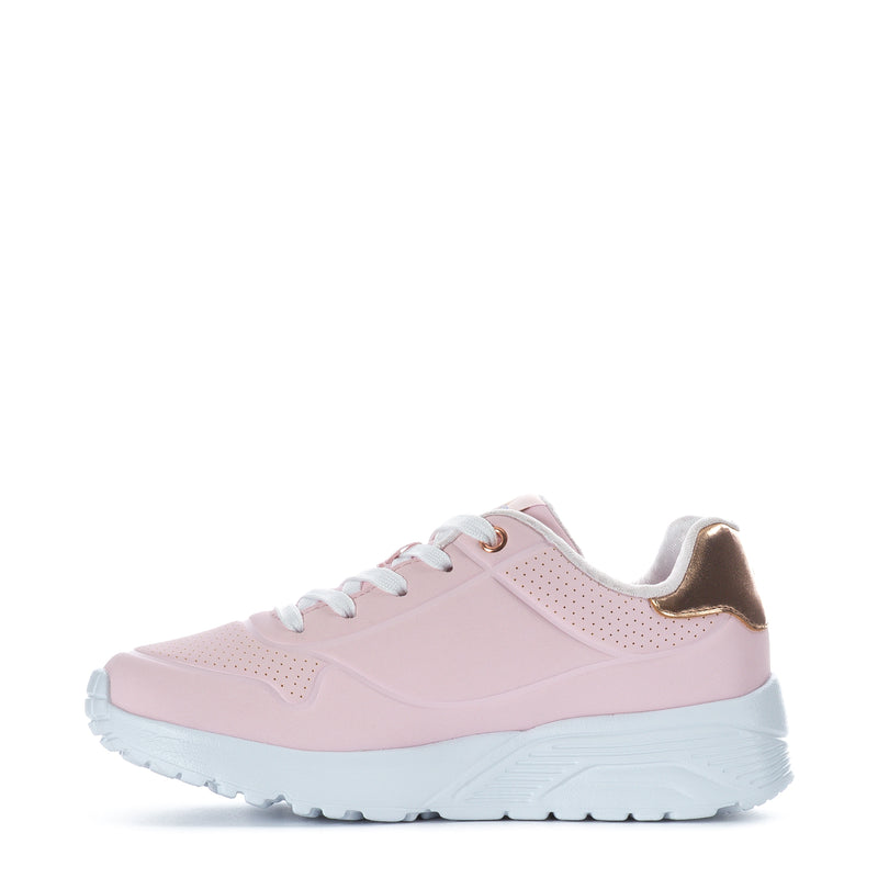 Kids pink sneaker, side view with white laces and gold heel trim