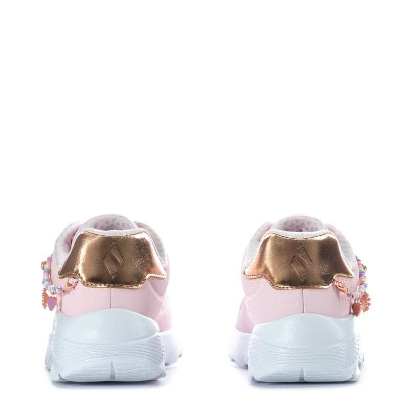Kids pink sneakers with gold heel and colorful strap charms, rear view