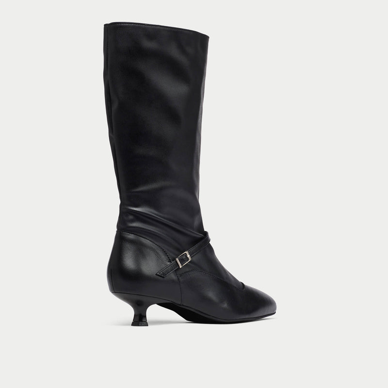 Black Veronica knee-high boot with a kitten heel on a light gray background