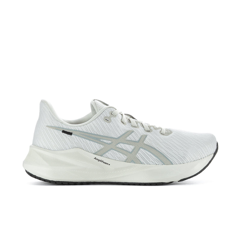 Men's running shoe in light gray/white knit upper, lace-up, cushioned sole.