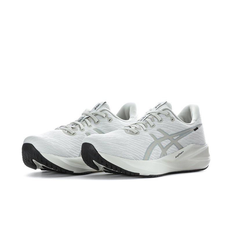 Men's running shoe light gray/white lace-up with gray logo, black rubber outsole.