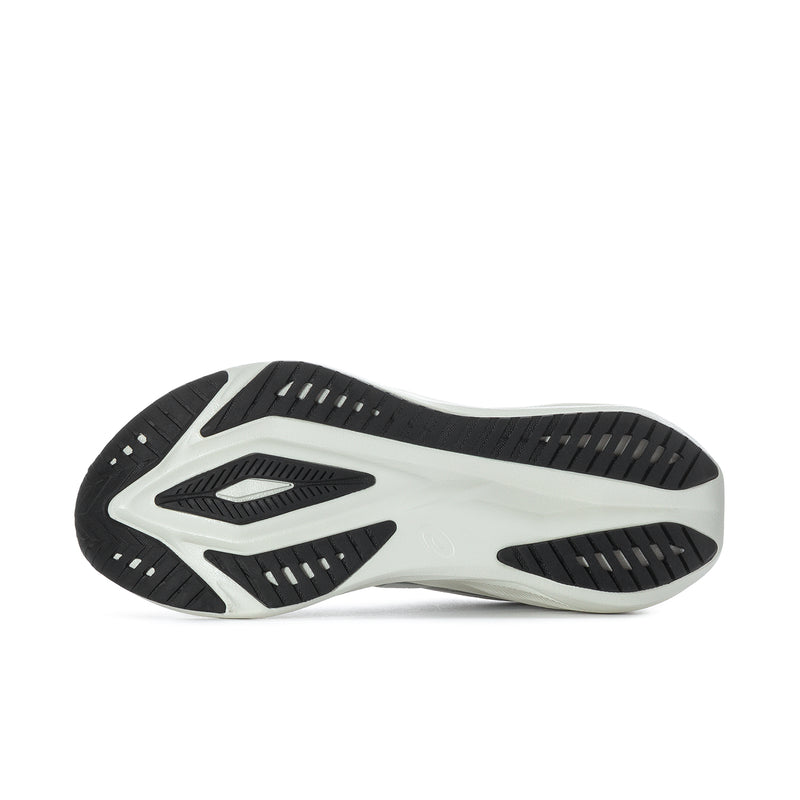 Men's running shoe outsole view: black tread pattern with light gray midsole.
