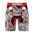 Men's boxer briefs with red and white dollar bill print, elastic waistband, PSD logo