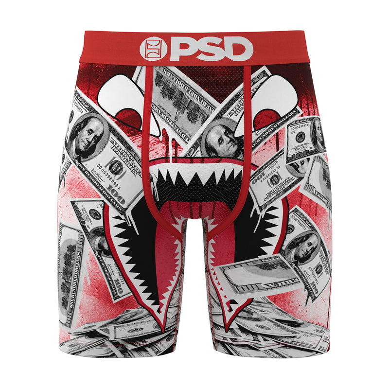 Men's boxer briefs with red and white dollar bill print, elastic waistband, PSD logo