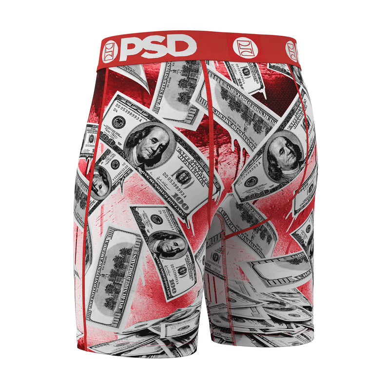 Men's boxer briefs with all-over dollar bill collage in red and white, PSD logo waistband