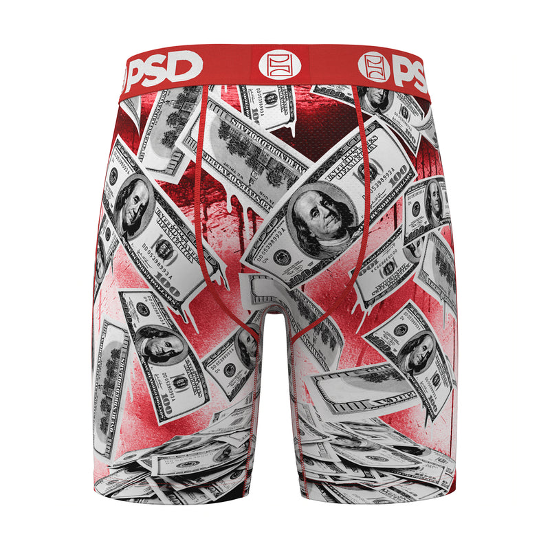 Men's boxer briefs with red and white money graphic print and PSD elastic waistband
