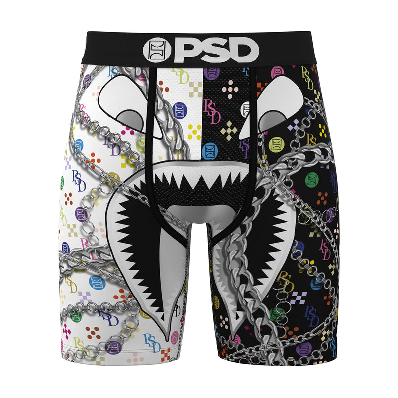 Men's graphic boxer briefs with split white and black panels, chains and symbols, PSD waistband