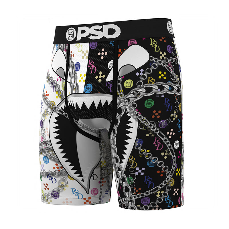 Men's graphic boxer briefs, split white/black with chain and icon print, full front PSD waistband