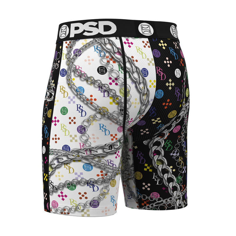 Men's graphic boxer briefs with open front panel view, chain pattern on both sides, PSD waistband