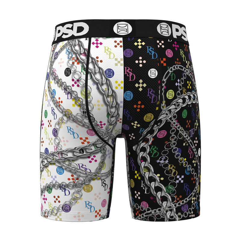 Men's graphic boxer briefs, left light panel and right dark panel with chain icons, PSD waistband