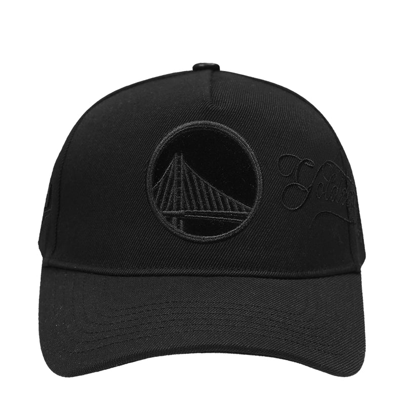 Allover black snapback hat with large front embroidered logo patch