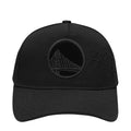 Allover black snapback hat with large front embroidered logo patch