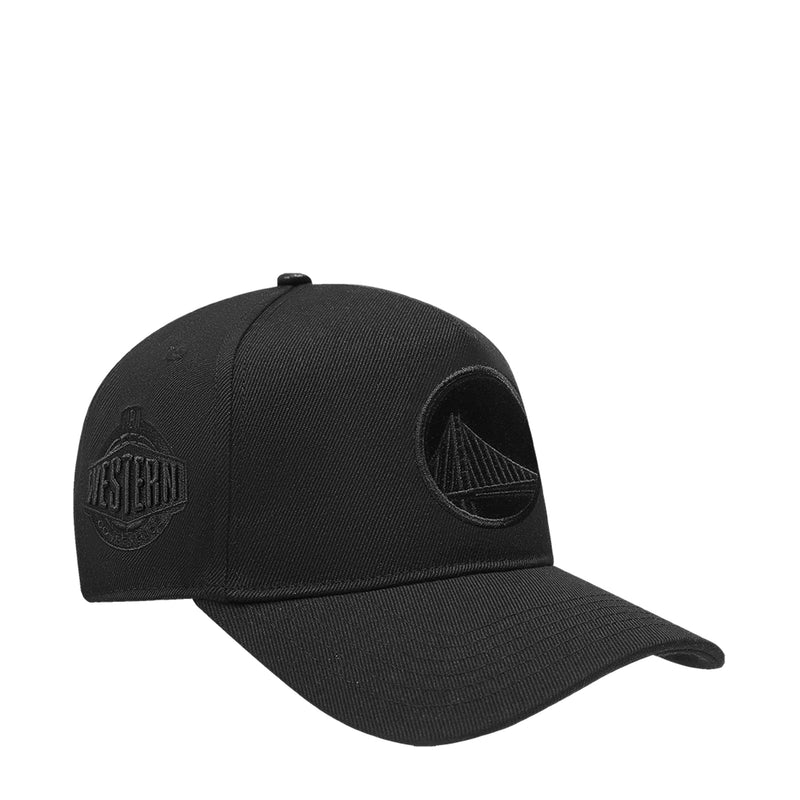 Black low-profile snapback hat with side embroidered emblem and under-visor cutout