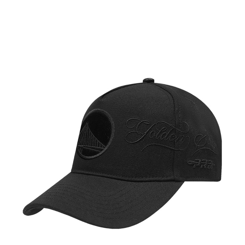 Black snapback cap with embroidered side script and circular emblem on crown