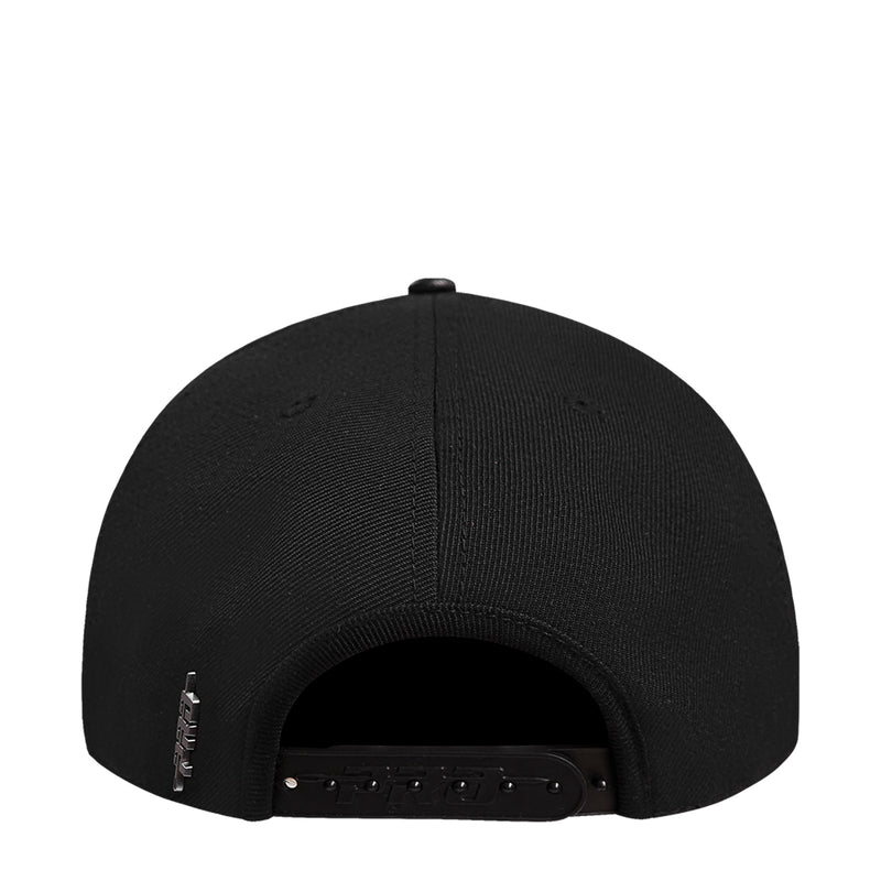 Black snapback cap back view with adjustable strap and metal eyelets