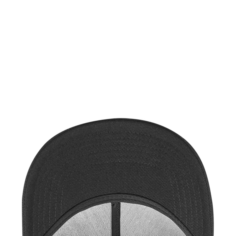 Black snapback cap inner headband and close-up brim edge stitching