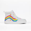 The BILLY Footwear Kids'/Toddler Classic Lace High in Wavy Rainbow features a white high-top style with colorful wavy stripes, red stars, rainbow eyelets, and adjustable laces. Set against a plain white background.