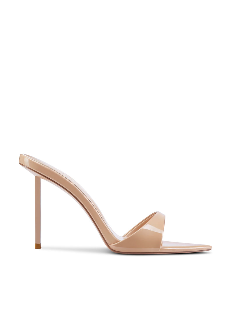 Femme LA Whiskey 100 in Nude – side profile of nude patent leather mule with wide vamp strap and slim stiletto heel