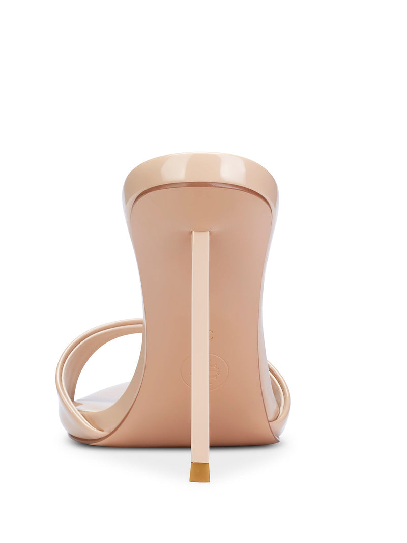 Femme LA Whiskey 100 in Nude – back view showing nude patent heel counter, slim stiletto, and nude outsole
