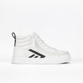The BILLY Footwear Kids'/Toddler CS High is a white high top sneaker with black accents, diagonal side stripes, a white sole, black heel loop, and white laces for adjustable fit. Shown on a plain white background.