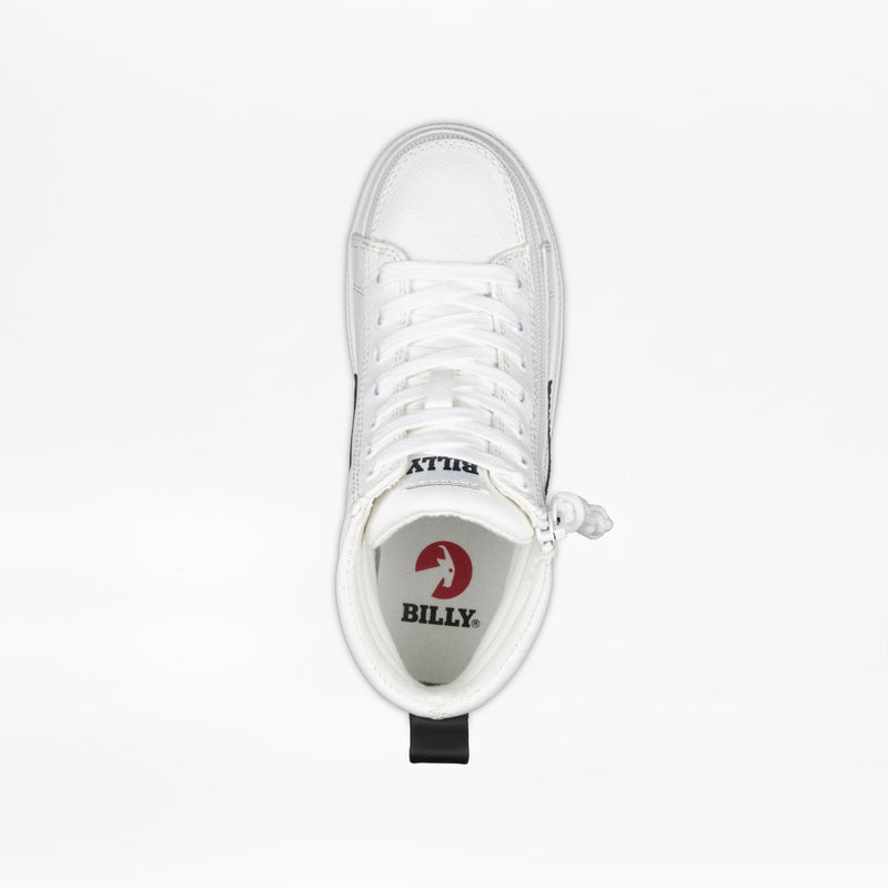 Top view of the White/Black BILLY CS High kids' sneaker by BILLY Footwear, featuring a full wrap zipper, white laces, and a red logo on the insole. The shoe is shown against a plain white background.