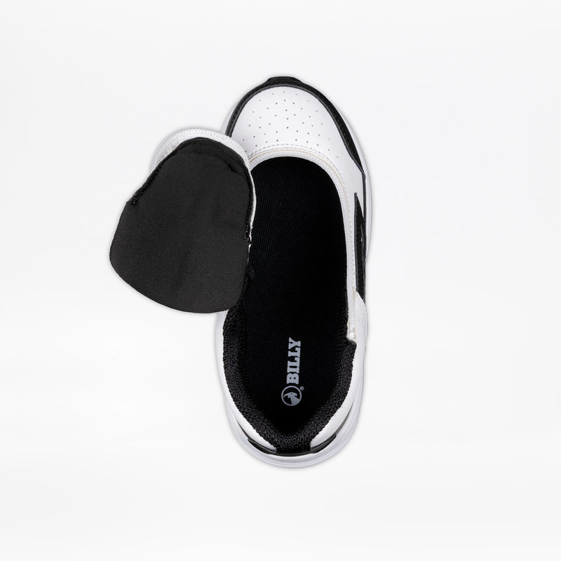 Top view of the White/Black BILLY Goat Hoop by BILLY Footwear, an AFO-friendly kids’ shoe with the front upper unzipped to reveal a black insole featuring the BILLY logo, displayed on a white background.