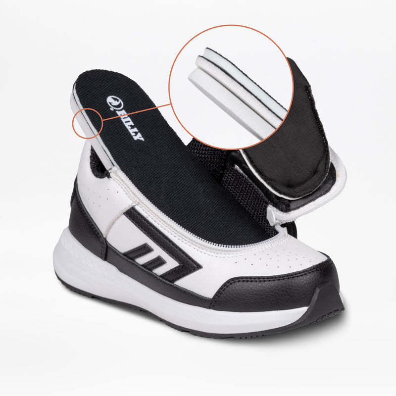 The White/Black BILLY Goat Hoop by BILLY Footwear is an AFO-friendly kids’ shoe with a flip-open upper and flexible double-layered seam, highlighted in a zoom-in for adaptive comfort.