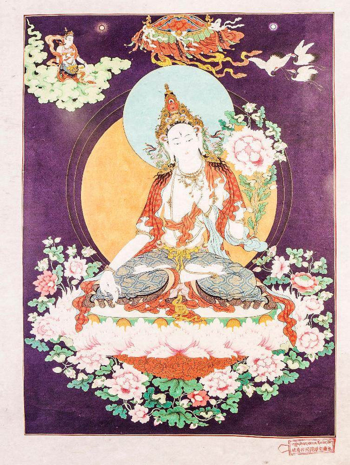 White Tara,Woodblock Thangka Art - Tibetan thangka painting, detailed view