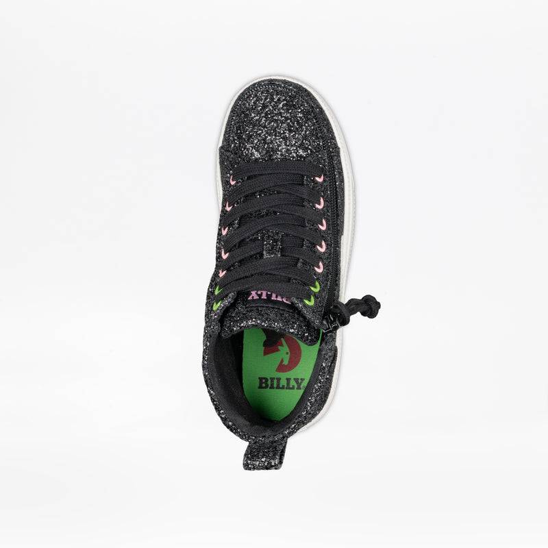 Top view of the Wicked Black Glitz BILLY CS High kids sneaker by BILLY Footwear, featuring black laces, pink and green eyelets, a green insole labeled "BILLY Full Wrap Zipper," on a plain white background.